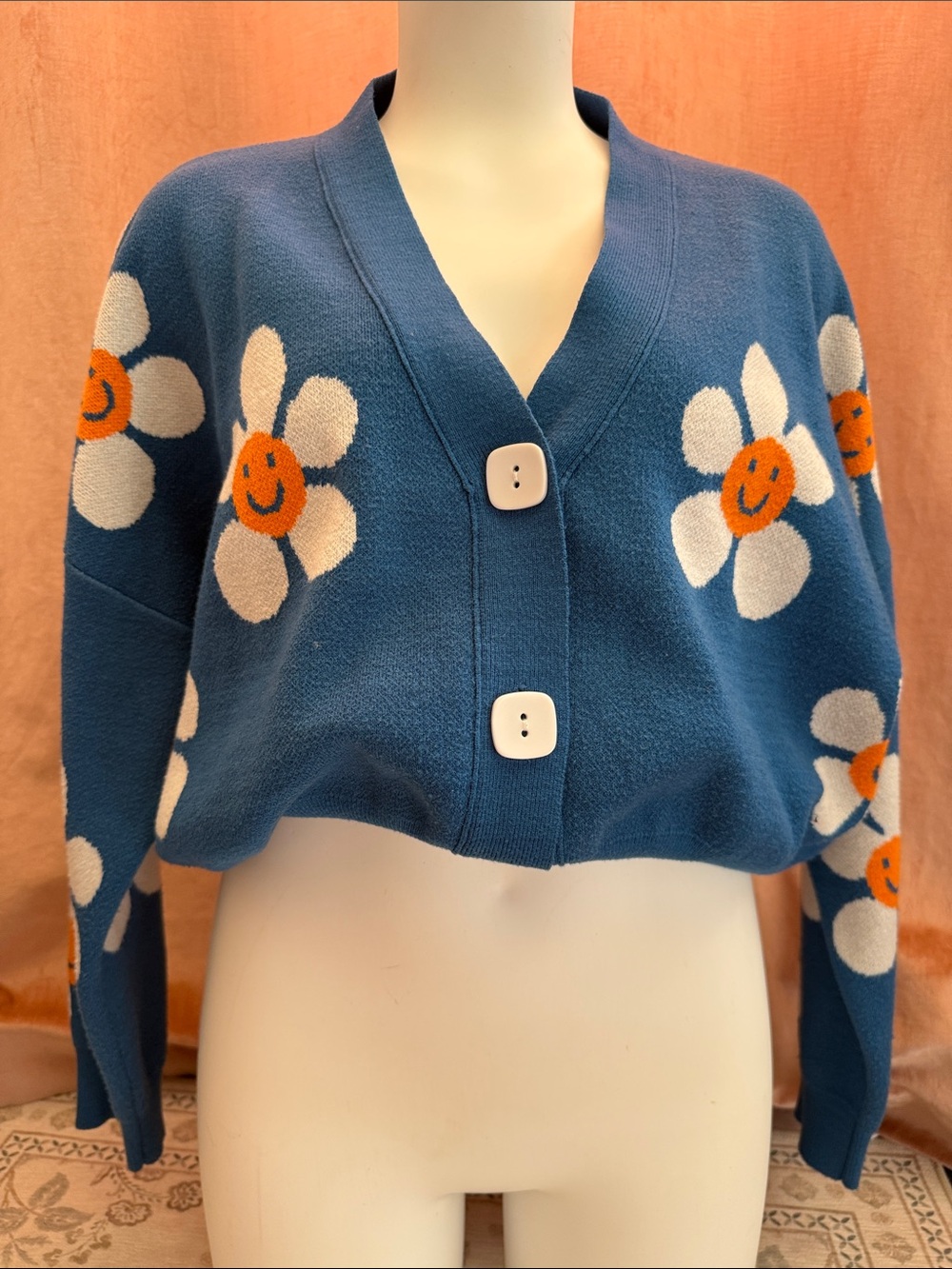 Blue Daisy Smile Cropped Cardigan Sweater